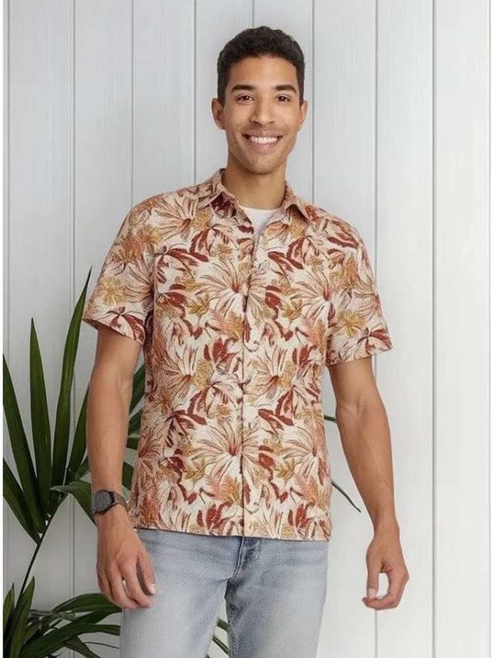 NWT Goodfellow & Co Short-Sleeve Floral Button-Down in Rust and Beige M